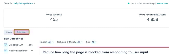 content hub has filters that enable sorting and filtering via technical difficulty, role, and impact of recommended fixes